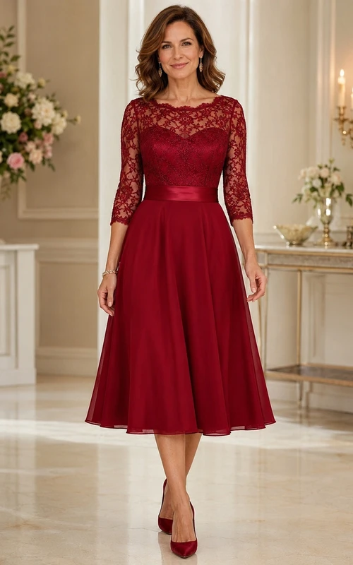 Burgundy Anniversary Lace Jewel Neck 3/4 Sleeve Satin A-line Tea-length Formal Dress