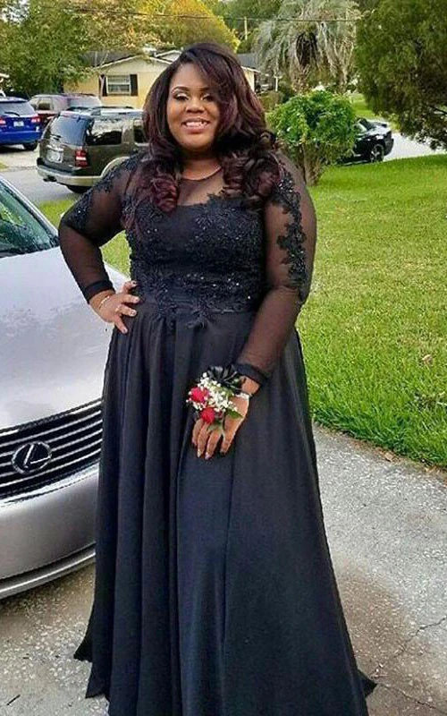 A-Line Satin Lace Jewel Long Sleeve Zipper Dress