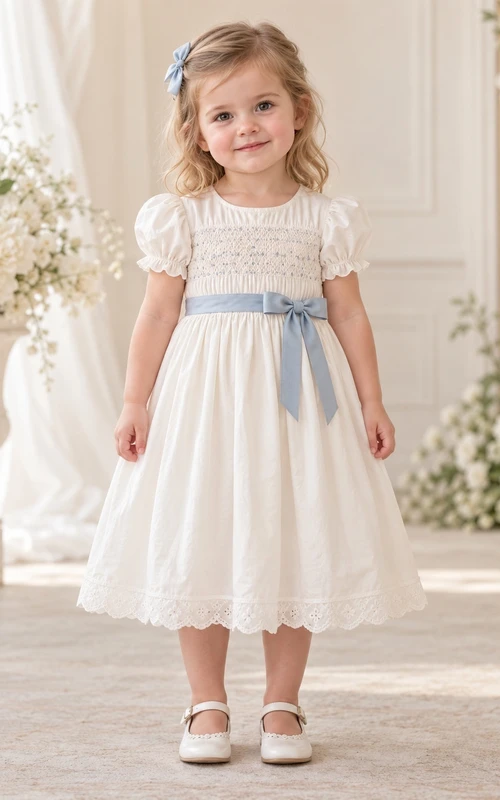 Elfenbeinfarbenes Landhauskleid mit quadratischem Ausschnitt, A-Linie, gerafften Puffärmeln, blauer Schärpe und Muschelsaum