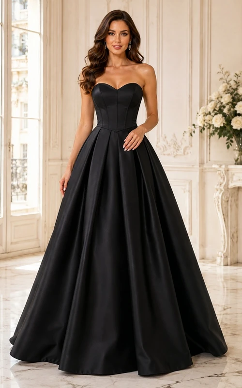 Black Simple Strapless Satin Princess Ball Gown Formal Dress