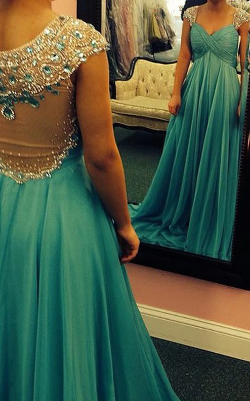 Glamouröses A-Linien-Abendkleid mit Kristall- und Perlenbesatz und kurzen Ärmeln