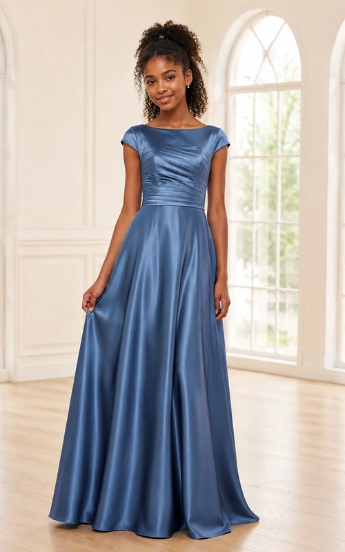 Vestido de dama de honor juvenil azul rey, corte A, escote barco, sin mangas, charmeuse elegante