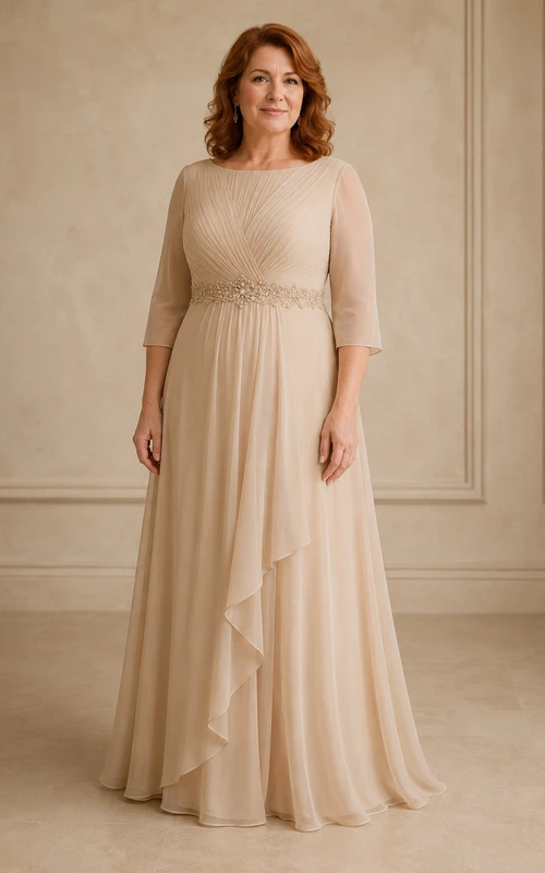 Champagnerfarbenes Chiffon-Kleid in A-Linie mit Ärmeln in Übergröße