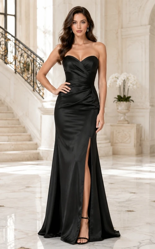Black Strapless Satin Sweetheart Sheath Slit Sweep Train Evening Gown