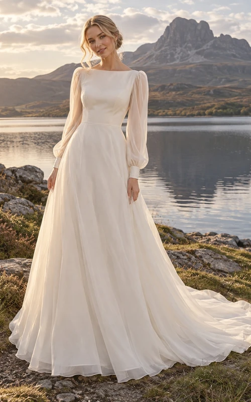Vestido de novia vintage de organza con escote joya, corte en A y manga larga