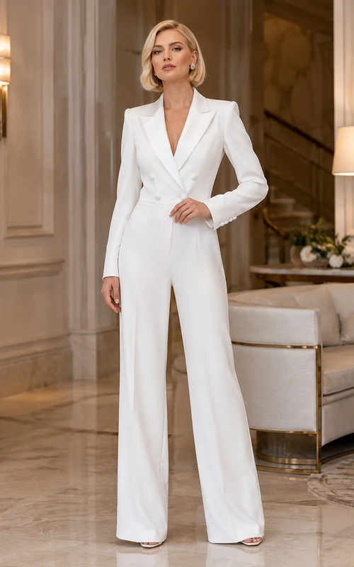 Combinaison de mariée moderne à revers cranté, manches longues et jambes larges