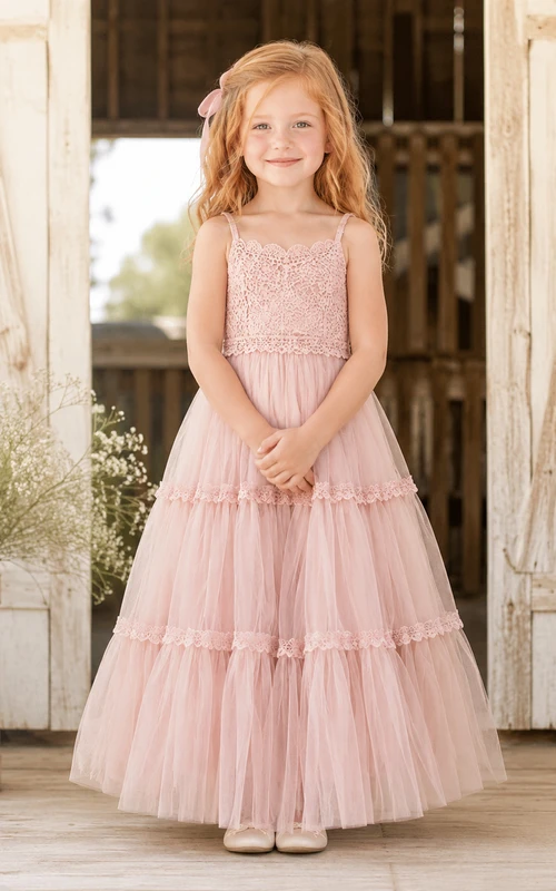 Pink Lace Tulle A-Line Flower Girl Dress with Short Sleeves, Jewel Neck, Tea-Length Skirt and Bow Detail