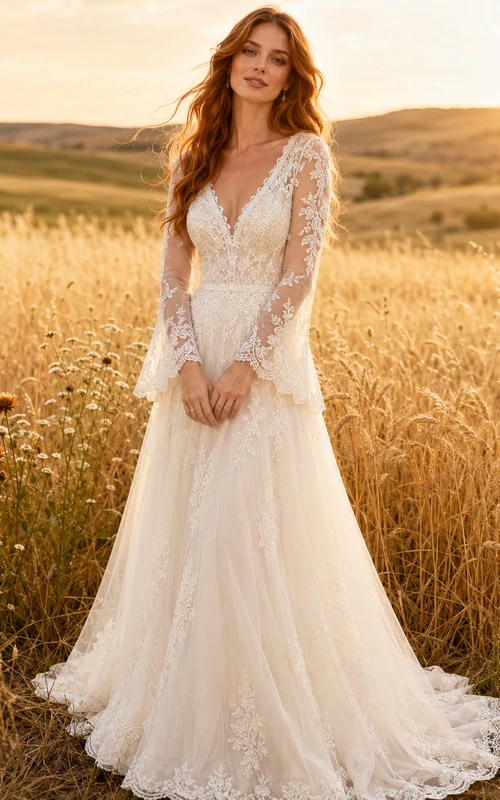 Brautkleid im Landhausstil mit Spitze, A-Linie, herzförmigem Schnitt, langen Ärmeln, Schleppe und tiefem V-Ausschnitt am Rücken