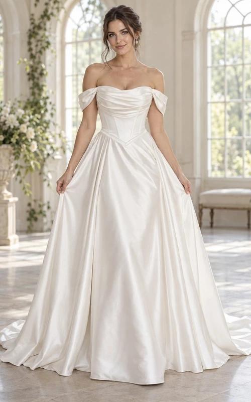 Vestido de novia sencillo de satén con escote Bardot, cintura drapeada y cola de capilla.
