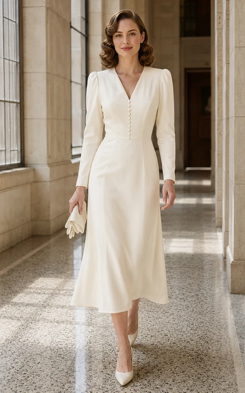 Vintage V-Neck Button Long Sleeve Satin Ankle-Length Courthouse Wedding Dress