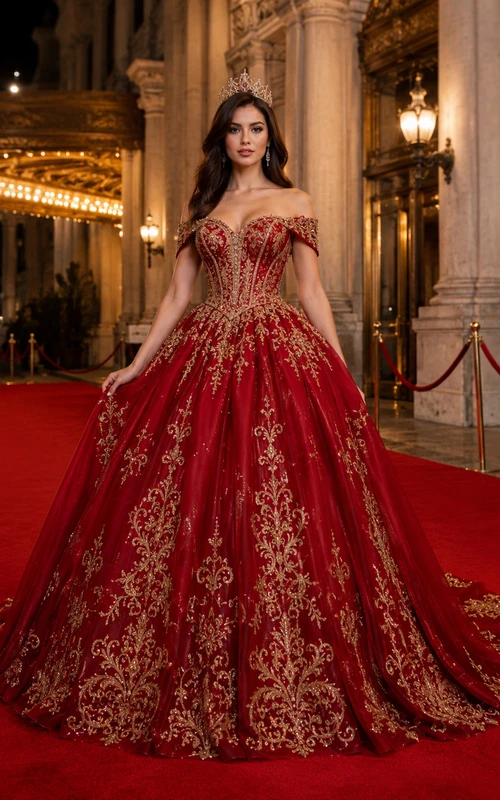 Vestido de quinceañera de princesa con hombros descubiertos y bordado dorado, estilo alfombra roja, estilo princesa, con cola larga, estilo teatro rojo.