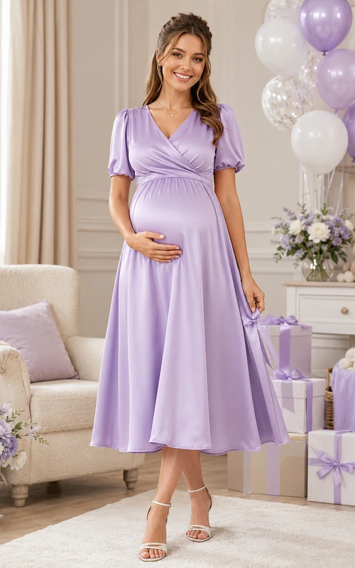 Violet Keepsake Lavender Empire Tea-Length V-Neck Short-Sleeve Satin Romantic Maternity Dress
