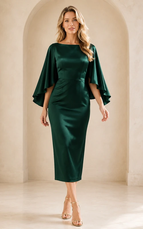 Dark Green Bateau Cape Sleeve Satin Sheath Tea-Length Wedding Guest Dress
