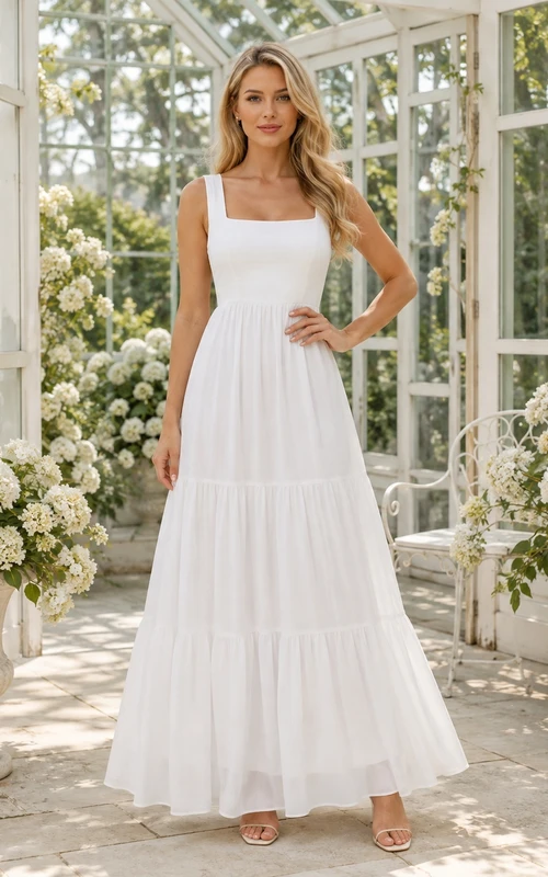 White Romantic Chiffon Square-Neck Tiered A-Line Garden Maxi Dress