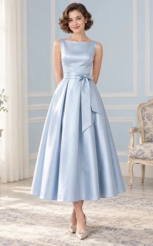 Vestido de fiesta vintage azul cielo sin mangas con lazo y escote barco, largo hasta la rodilla, de satén.