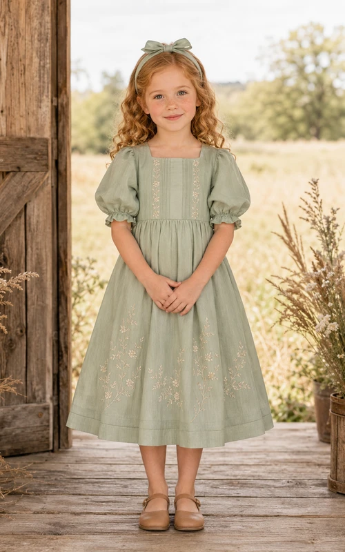 A-Line Flowergirl Sage Floral Print Tulle Tea-Length Puff Sleeve Prairie Wedding Dress