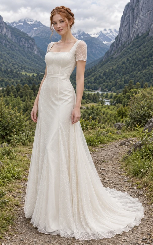 Vestido de novia sencillo de tul con escote cuadrado, corte en A, mangas cortas con lunares y cintura estrecha.