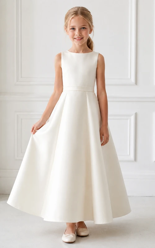 Vestido de niña de las flores, blanco, satén, corte en A, sin mangas, cuello joya, largo midi, detalle de lazo.