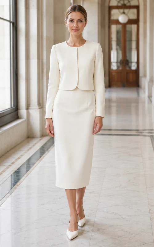 Ensemble jupe crayon minimaliste à col rond et manches longues courtes pour mariage civil
