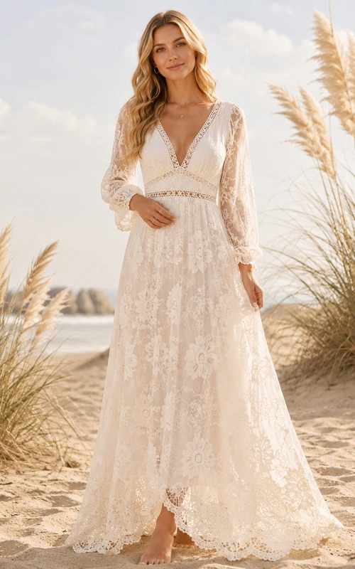 Vestido de invitada largo hasta los tobillos, color marfil, con escote en V, manga larga, encaje Poet Lace y corte en A.