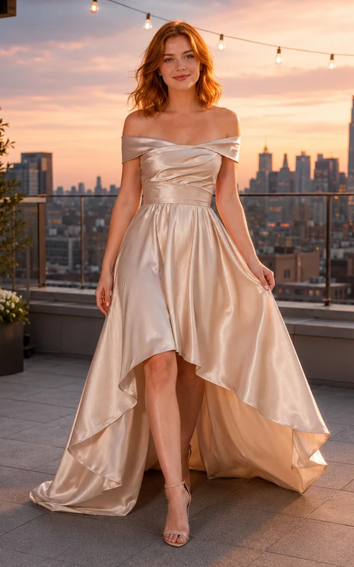 Vestido de novia de satén asimétrico con hombros descubiertos para una boda íntima al atardecer en una azotea