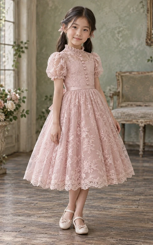 Vestido de niña de flores rosa con cuello alto, corte en A, estampado floral, encaje, mangas abullonadas y botones delanteros, largo hasta la rodilla.