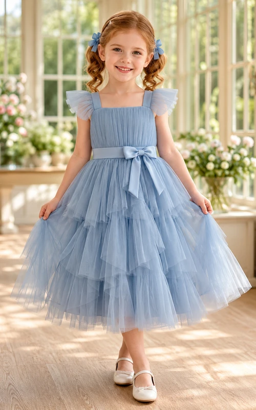 Gestuftes Tüllkleid in A-Linie für Blumenmädchen mit Schleife, kurzen Ärmeln, Rundhalsausschnitt, wadenlangem Rock und Schleifendetail.