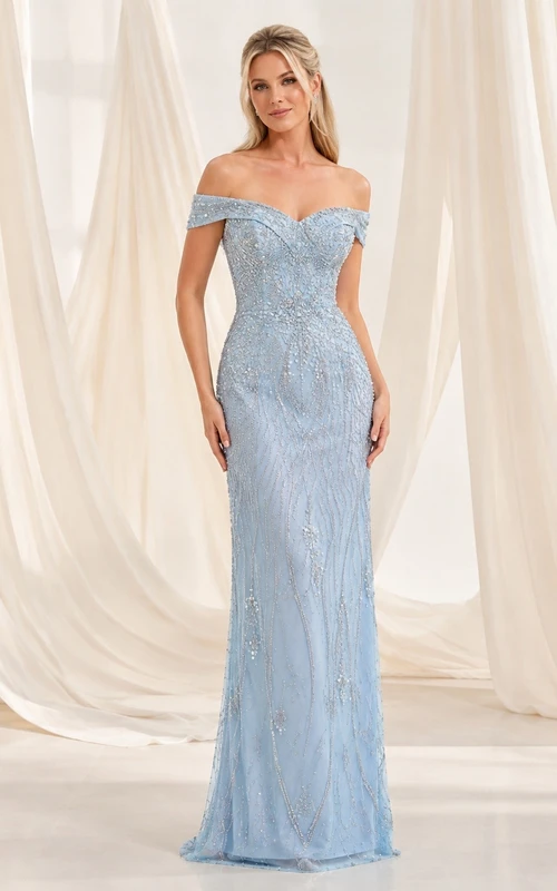 Sky Blue Off-the-Shoulder Sleeveless Chiffon Sheath Gown