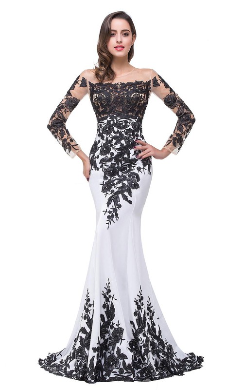 black and white lace prom dress Strapless White and Black Ruched Mermaid Prom Dress Black / 10