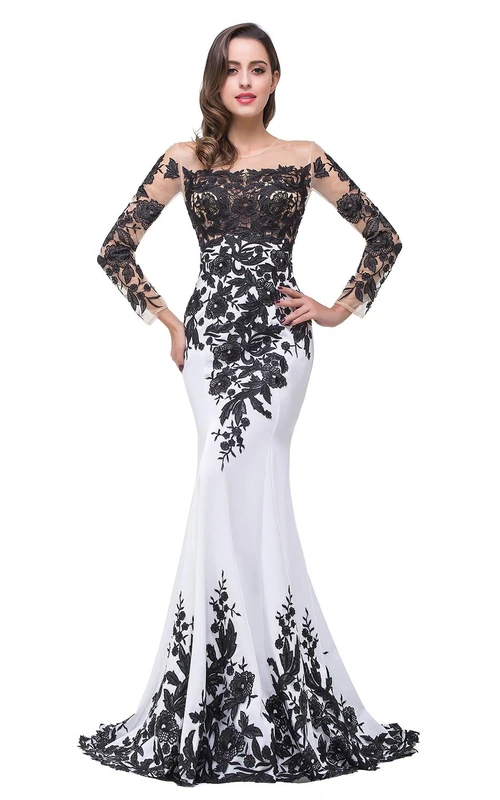 Robe de soirée sirène glamour à manches longues, ornée d'appliqués noirs, robe de mère
