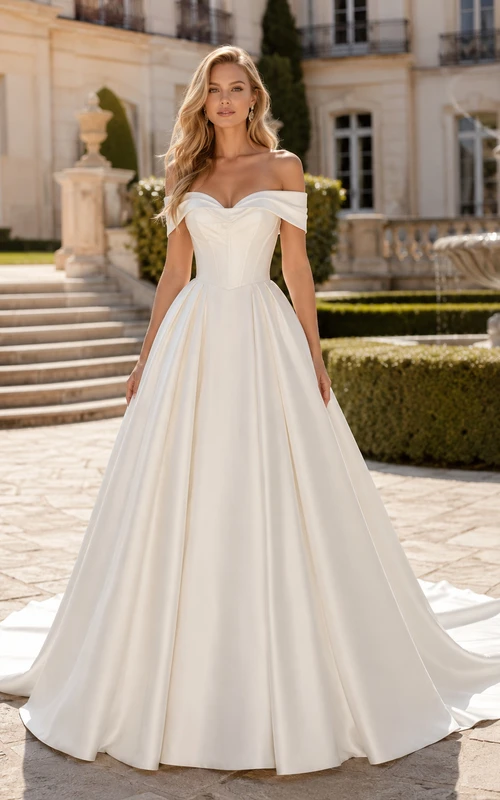 Vestido de novia de satén y tul, estilo princesa, con hombros descubiertos, cola larga y escote en V bajo.