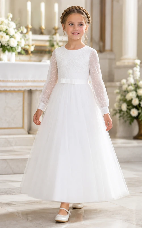 Vestido de comunión modesto de tul con mangas largas transparentes para niña de las flores.