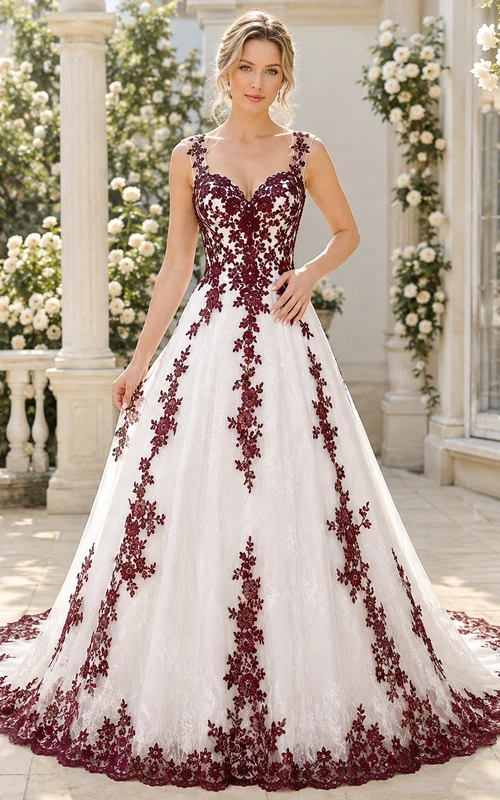 Robe de mariée bordeaux en tulle brodé, col en V, sans manches, coupe trapèze, traîne, en tulle brodé.