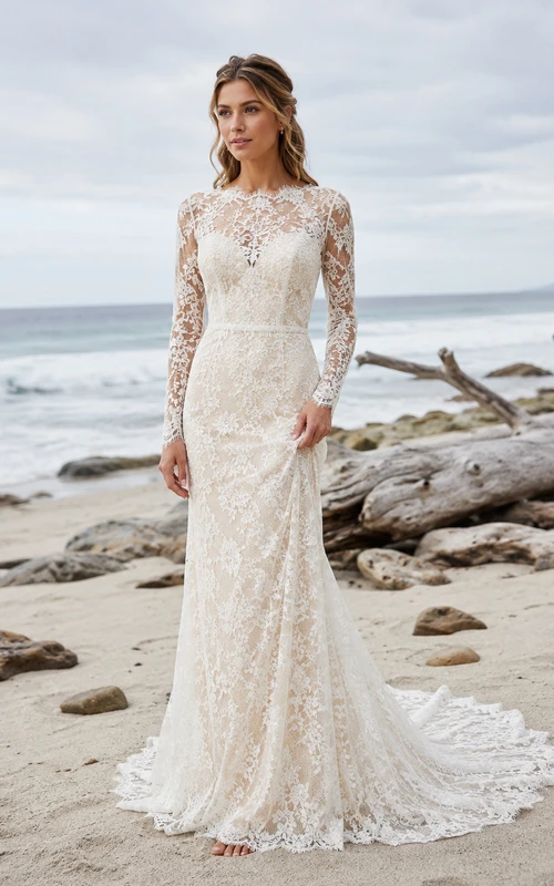 Robe de mariée sirène spectaculaire en dentelle à col montant et manches longues illusion avec traîne chapelle