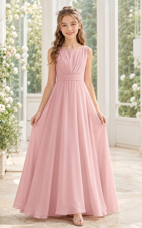Elegantes, ärmelloses, bodenlanges A-Linien-Brautjungfernkleid in zartem Rosa aus Chiffon mit hohem Kragen
