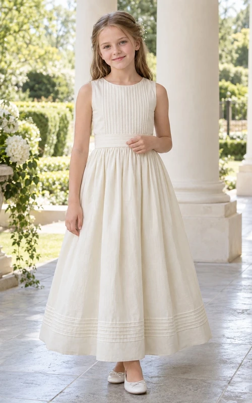 Vintage Simple Cream Sleeveless Jewel Neck Pintucked Cotton A-line Flower Girl Dress