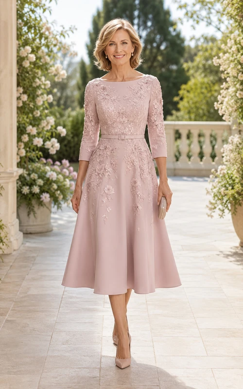Robe de mère trapèze mi-longue à corsage en dentelle rose poudré et manches trois-quarts