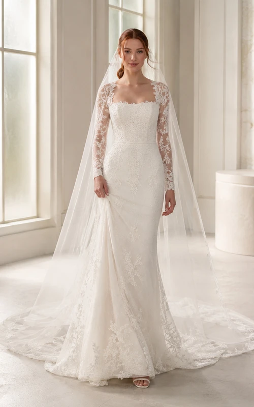 Studio-Hochzeitskleid mit langen Ärmeln, Spitze, Cape und Schleppe