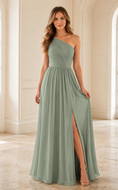 Sage one shoulder slit chiffon floor length A-line dress