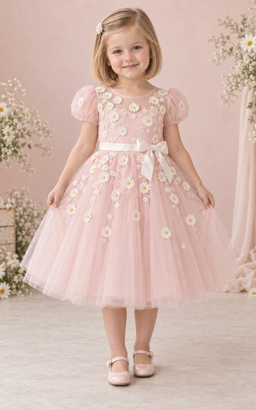 Teelanges, rosafarbenes, geblümtes Sommerkleid in A-Linie aus Tüll mit Puffärmeln und Schleife am Rücken für Blumenmädchen