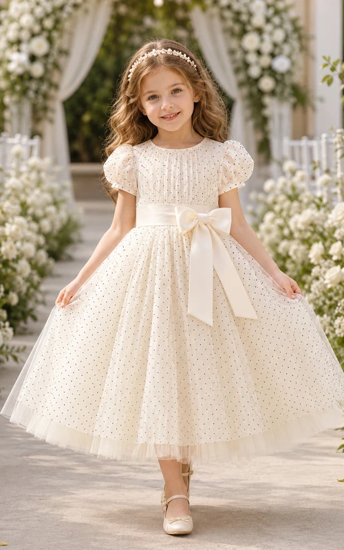 Vestido de niña de flores de tul color marfil con lunares, corte en A, manga corta, cuello redondo, fajín con lazo, largo hasta la rodilla.