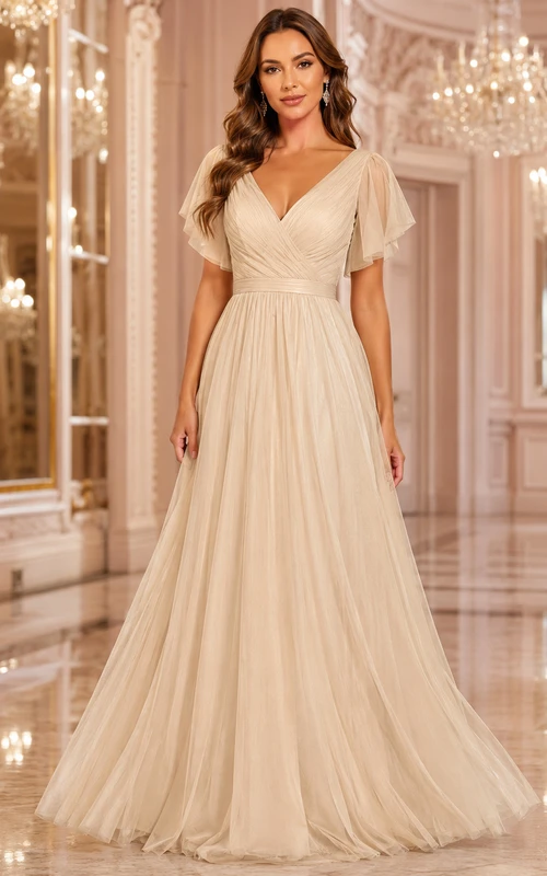 Grand Ballroom Formal Champagne Romantic Elegant A-Line Tulle Bridesmaid Dress with V-Neck Short Sleeve Floor-Length Low Back