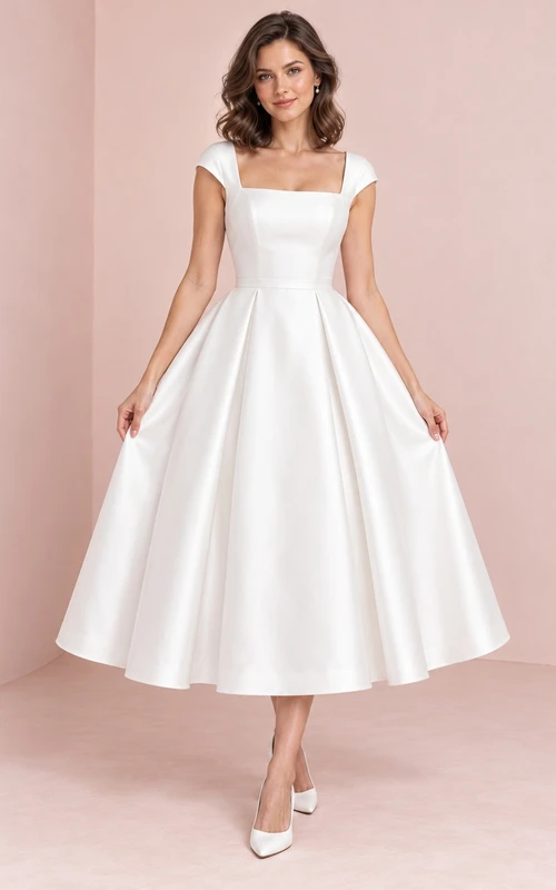 Tea-length Square Neck Cap Sleeve Satin Bow Back Bridal Dress