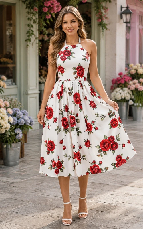 White Red Floral Halter Chiffon Tea Length A-Line Garden Guest Dress