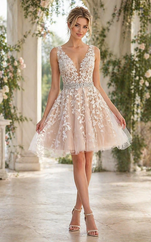 Perlmuttrosa, ärmelloses Empire-Kleid mit tiefem Ausschnitt und Perlenstickerei
