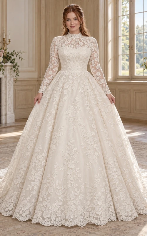 Robe de mariée de bal en dentelle florale dense à manches longues et style bateau, style modeste