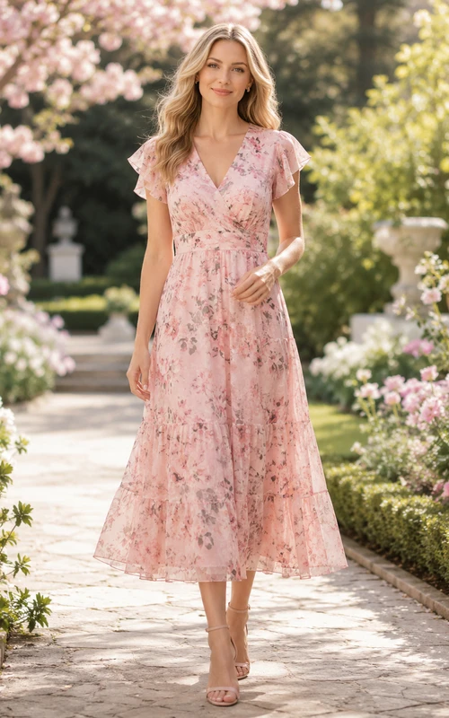 Blush Floral Lace V-neck Tea-length A-Line Dress
