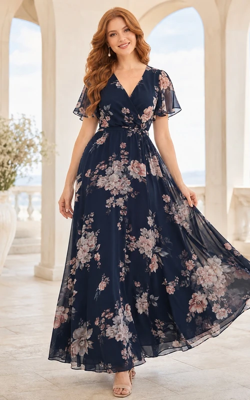 Navy Floral Chiffon Flutter Sleeve A-Line V-Neck Floor Length Garden Guest Dress