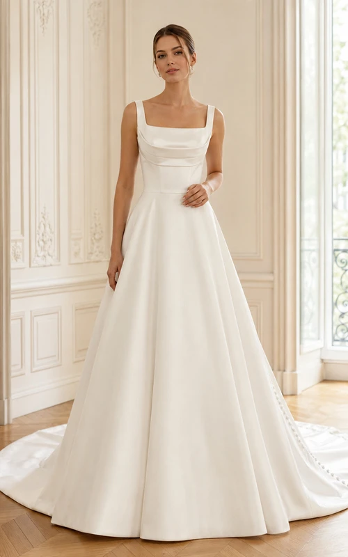 Robe de mariée minimaliste en satin naturel, col bénitier carré, sans manches, traîne cathédrale, style galerie.