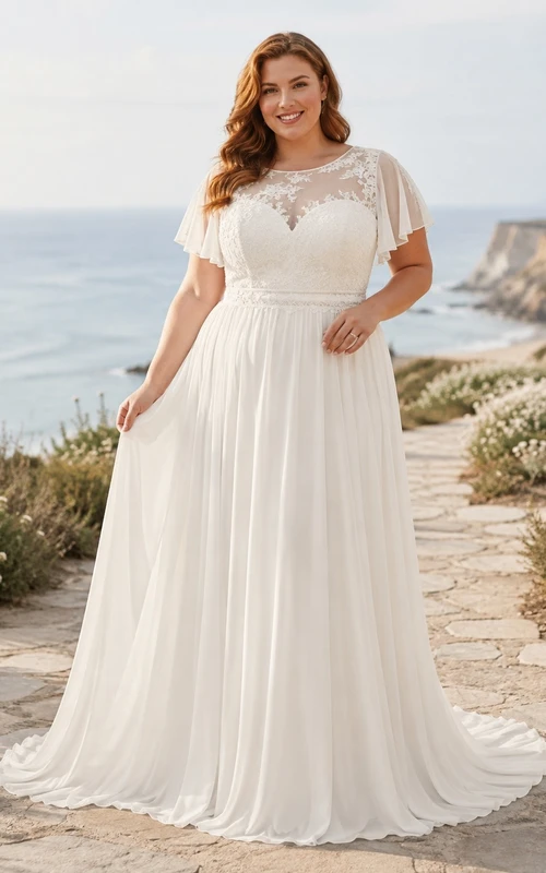 Vestido de novia de talla grande para fugas románticas, de manga corta, encaje y gasa, corte A.